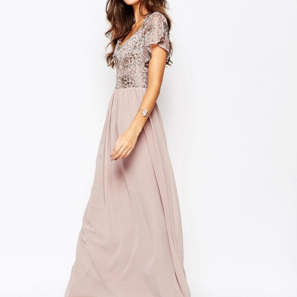 Chiffon Maxi Dress With Sequin Top - Mink/Copper - Picture 3 of 3